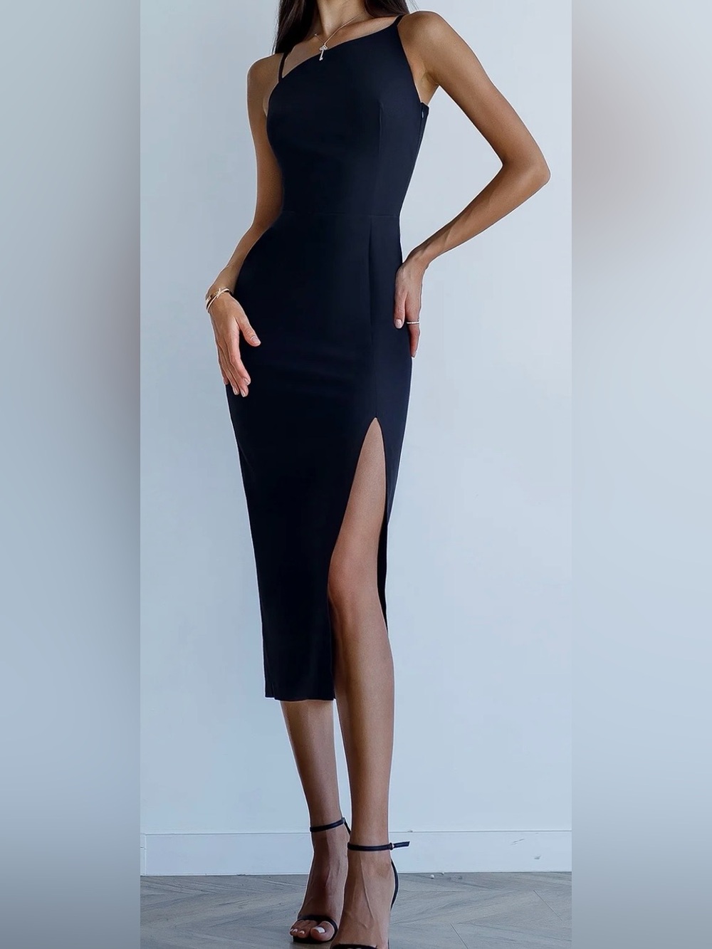 Black Asymmetric Neckline Midi Dress